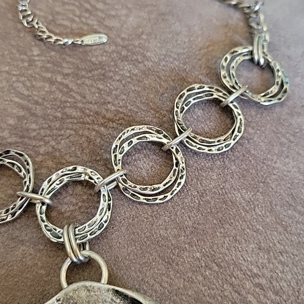Vtg VCLM Industrial Metal Rhinestone Circle Pendant Festival Chain Necklace - Picture 5 of 7